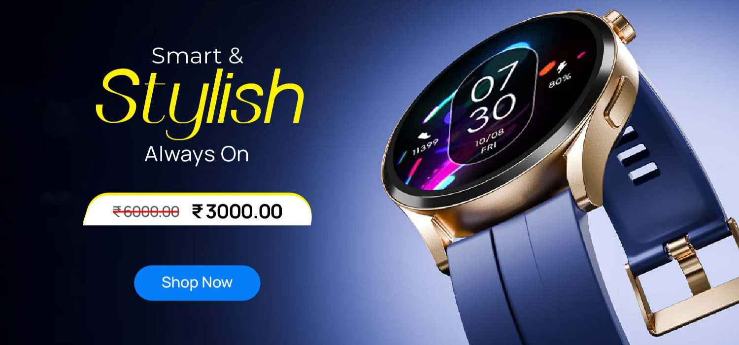 Smartwatch with blue strap and gold accents on a dark background with promotional text.
