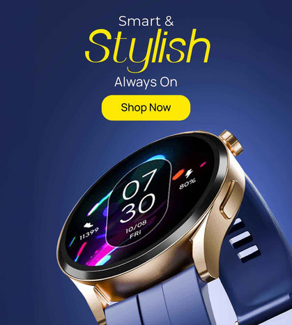 Smartwatch with a blue strap and gold casing on a dark blue background, featuring text 'Smart & Stylish, Always On, Shop Now'.
