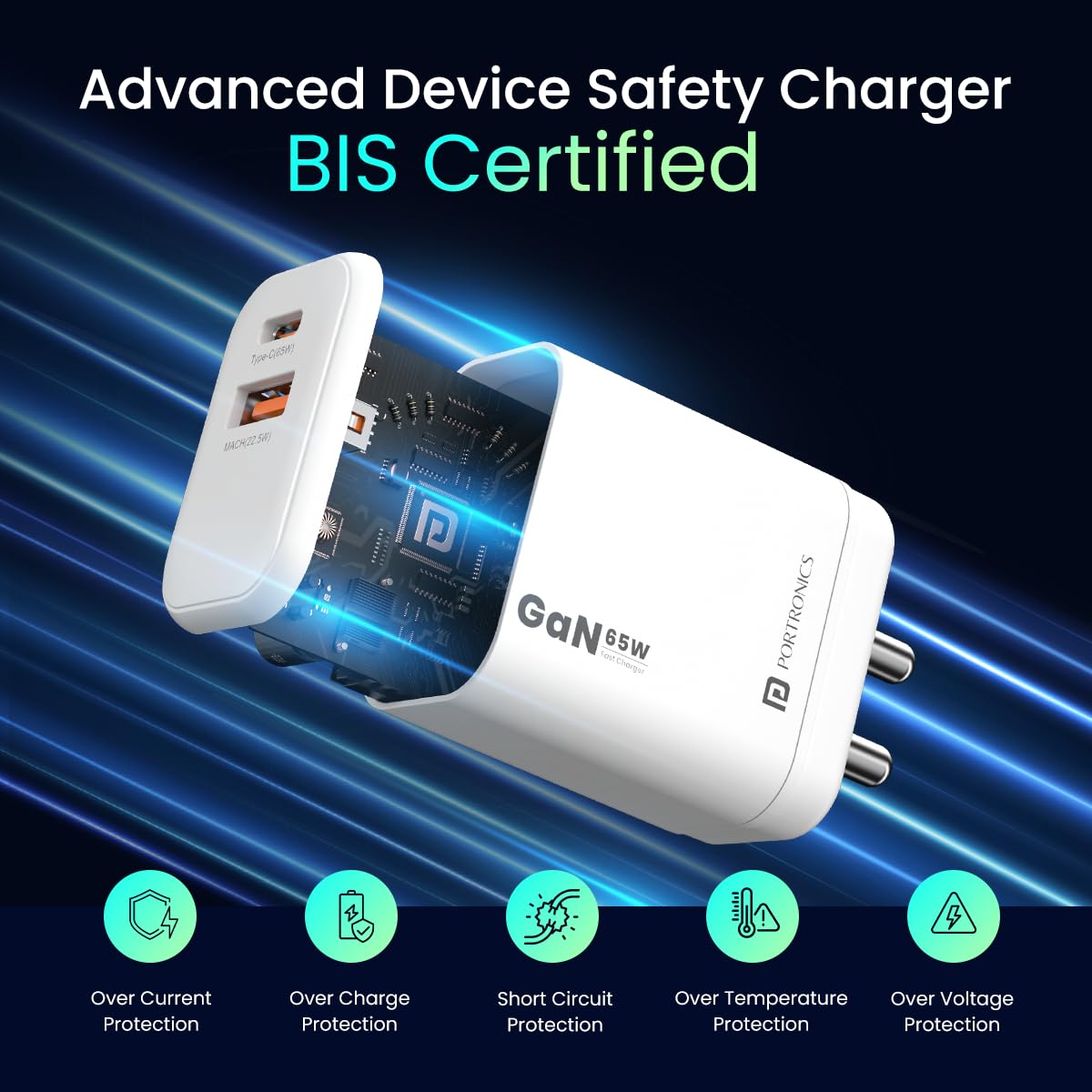 Portronics Adapto 65X 65 W Dual Ports Outputs GaN Fast PD Charger Comes with 100 W Type C to Type C Fast Charging Cable,Compatible with Laptop,MacBook,iPhone 8 and Above,Tablet (White)