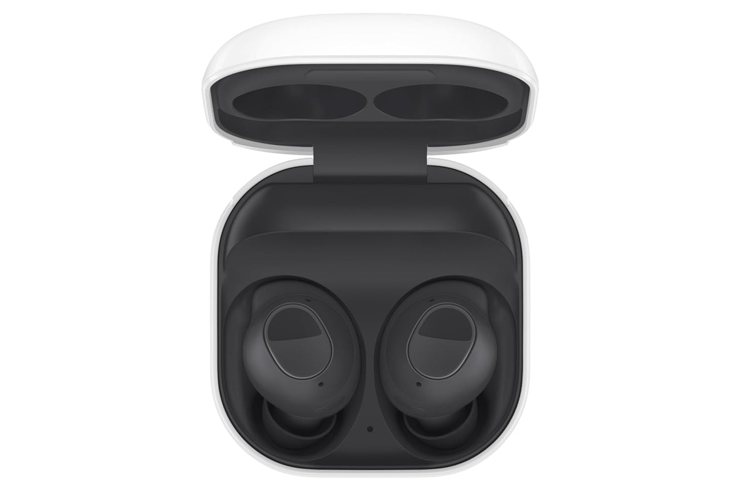 Black wireless earbuds in an open charging case on a white background