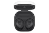 Black wireless earbuds in an open charging case on a white background
