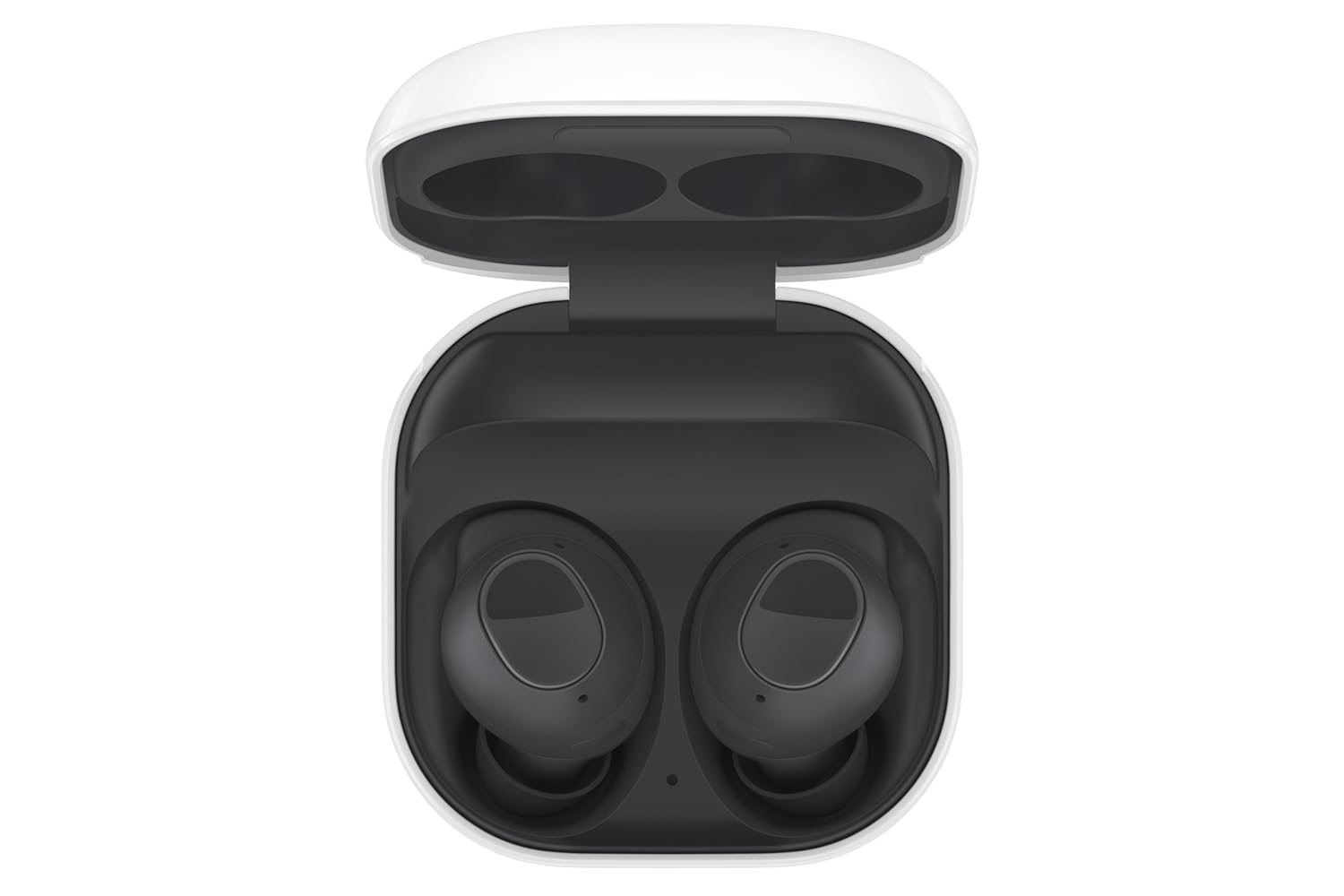 Black wireless earbuds in an open charging case on a white background