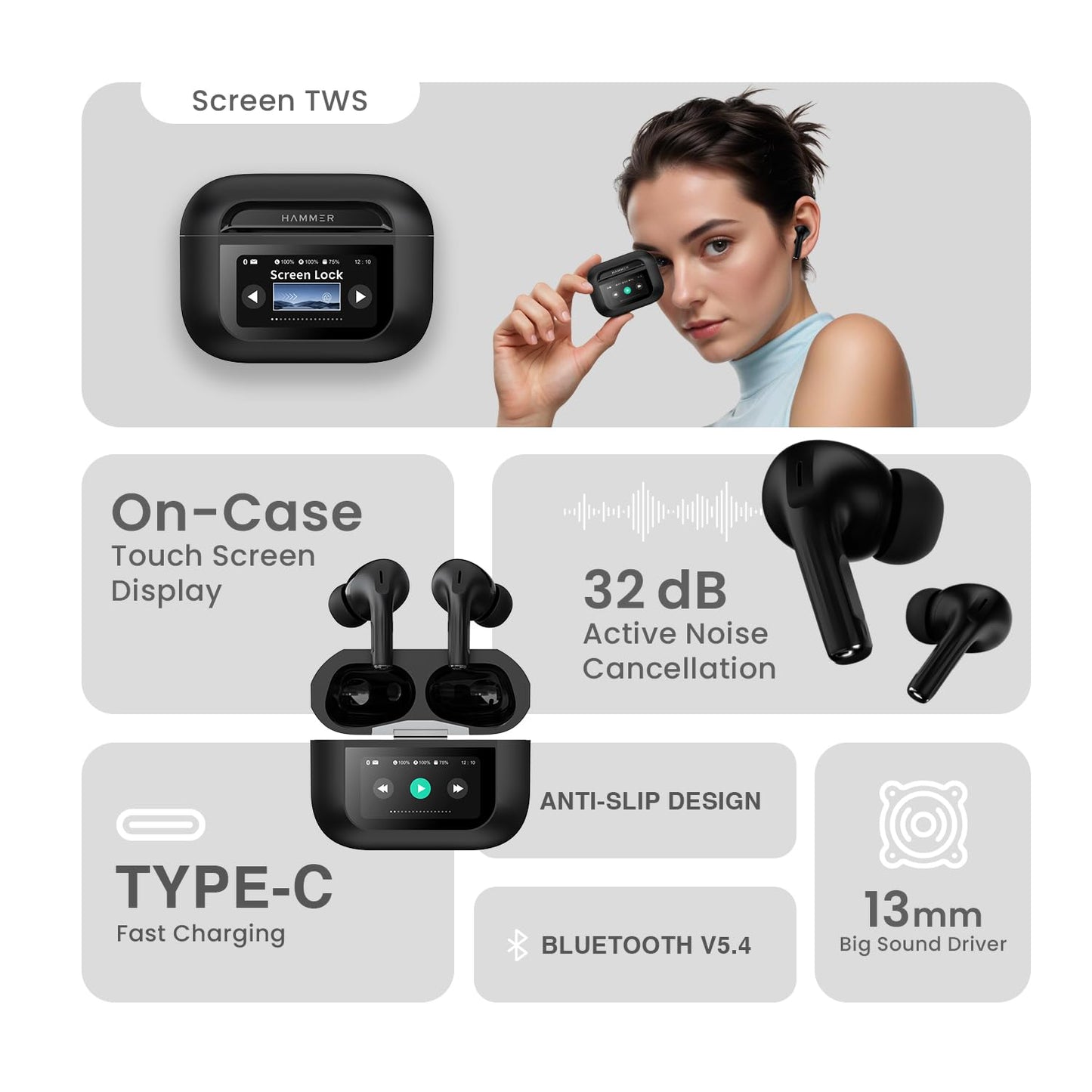 Side angle of CarrotKart Hammer Screen TWS Earbuds with ANC Earbuds – India | CarrotKart