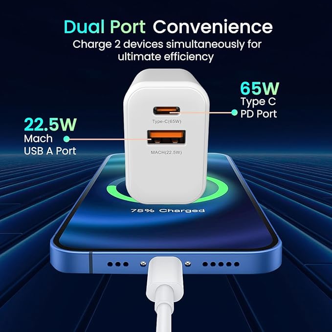 Portronics Adapto 65X 65 W Dual Ports Outputs GaN Fast PD Charger Comes with 100 W Type C to Type C Fast Charging Cable,Compatible with Laptop,MacBook,iPhone 8 and Above,Tablet (White)