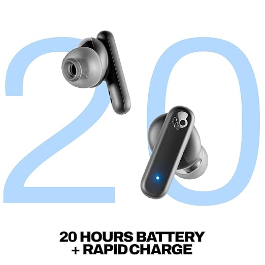 Skullcandy Smokin Buds Wireless in Ear Earbuds – ENC Clear Calls, Music/Movie/Podcast EQ Modes, 20Hr Battery + Rapid Charge, Touch Controls, Solo Bud Use, IPX4 Water Resistant (Black)