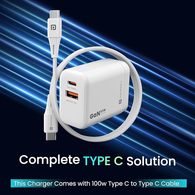 Portronics Adapto 65X 65 W Dual Ports Outputs GaN Fast PD Charger Comes with 100 W Type C to Type C Fast Charging Cable,Compatible with Laptop,MacBook,iPhone 8 and Above,Tablet (White)