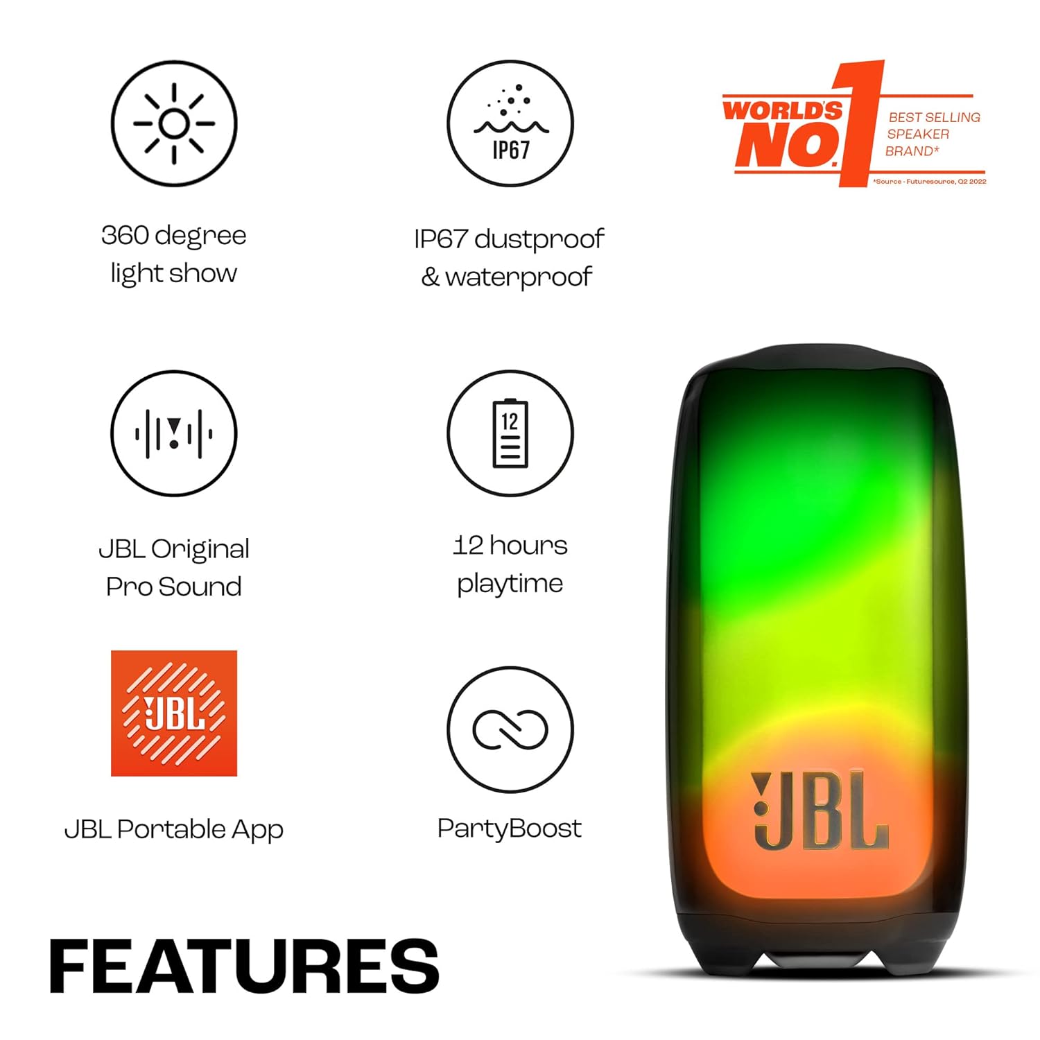 JBL Pulse 5, Wireless Portable Bluetooth Speaker, 40 Watt, Customized 360° Lightshow Portable App, Pro Sound, Deep Bass, 12 Hours Playtime, PartyBoost, IP67 Waterproof & Dustproof (Black) - CarrotKart | India's first Open Box ecommerce platform