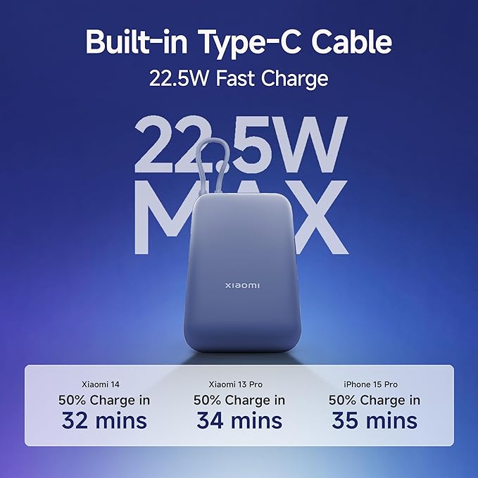 Xiaomi Pocket Power Bank 10000mAh 22.5W with Built-in Cable | Super Fast Charging PD |Smart 12 Layer Protection|Triple Output Ports|Supports Android,Apple, Tablets, Earbuds,Watch(MI Powerbank),Blue