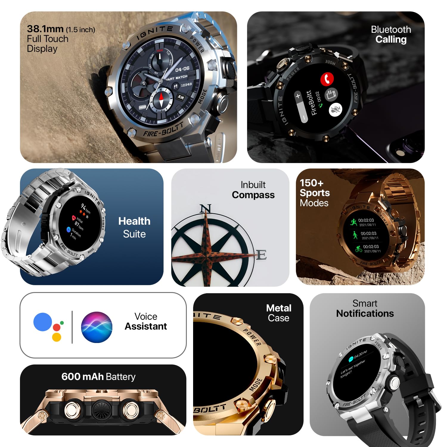 Fire-Boltt Assault Smartwatch – 1.5" HD Display, Bluetooth Calling, 600mAh Battery, Compass, Heart Rate & SpO2 Monitoring, 7-10 Days Battery Life, Heavy Metal Sports Design