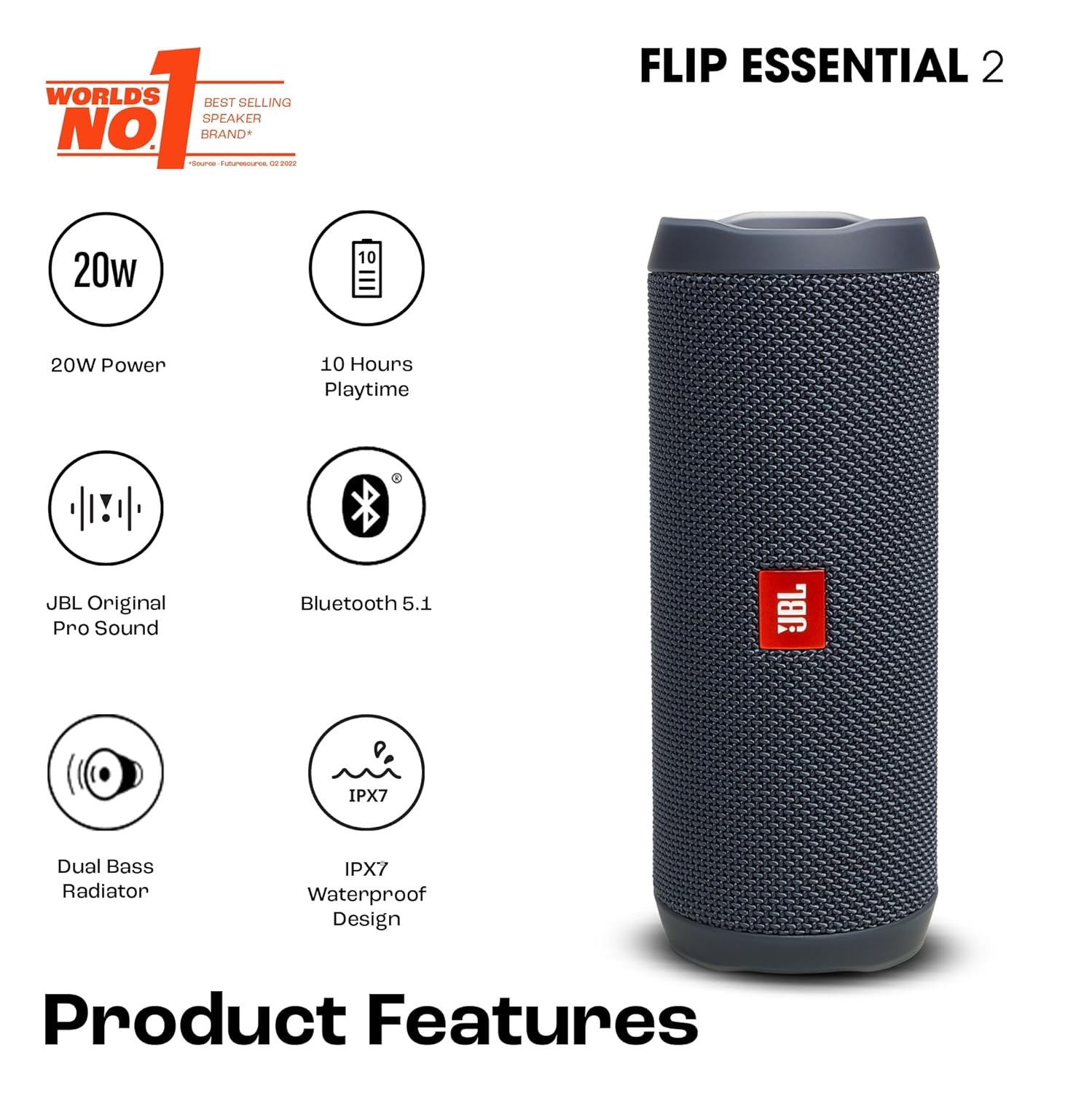 JBL Flip Essential 2, Wireless Portable Bluetooth Speaker with Deep Base, IPX7 Water & Dustproof (Without Mic, Black)