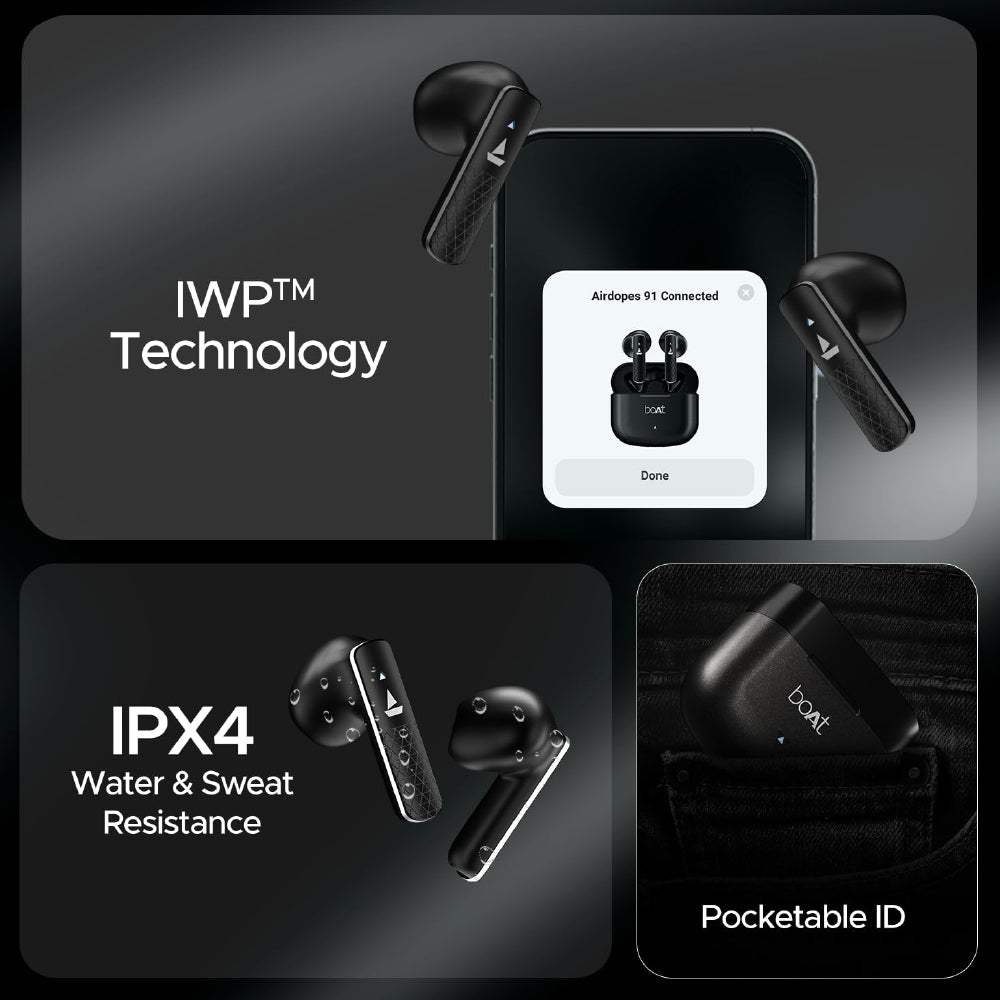 boAt Airdopes 91 Prime v5.3 Bluetooth TWS in Ear Earbuds Wireless Earphones with mic (Midnight Black) with Sounce Aidop Cover