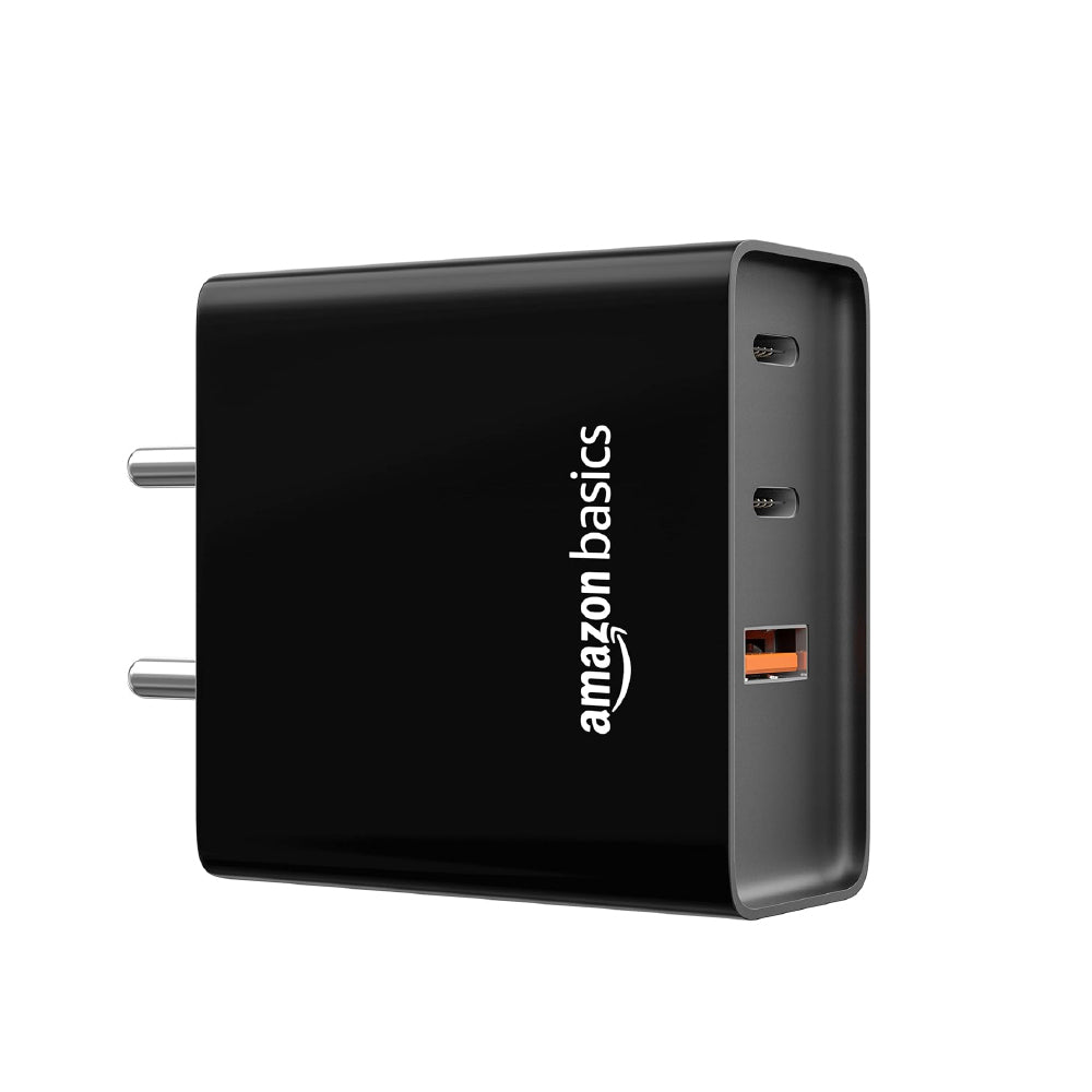 amazon basics High Power 65W Mobile/Laptop Charger Dual Port Output With Type-C Charging Cable (Black)