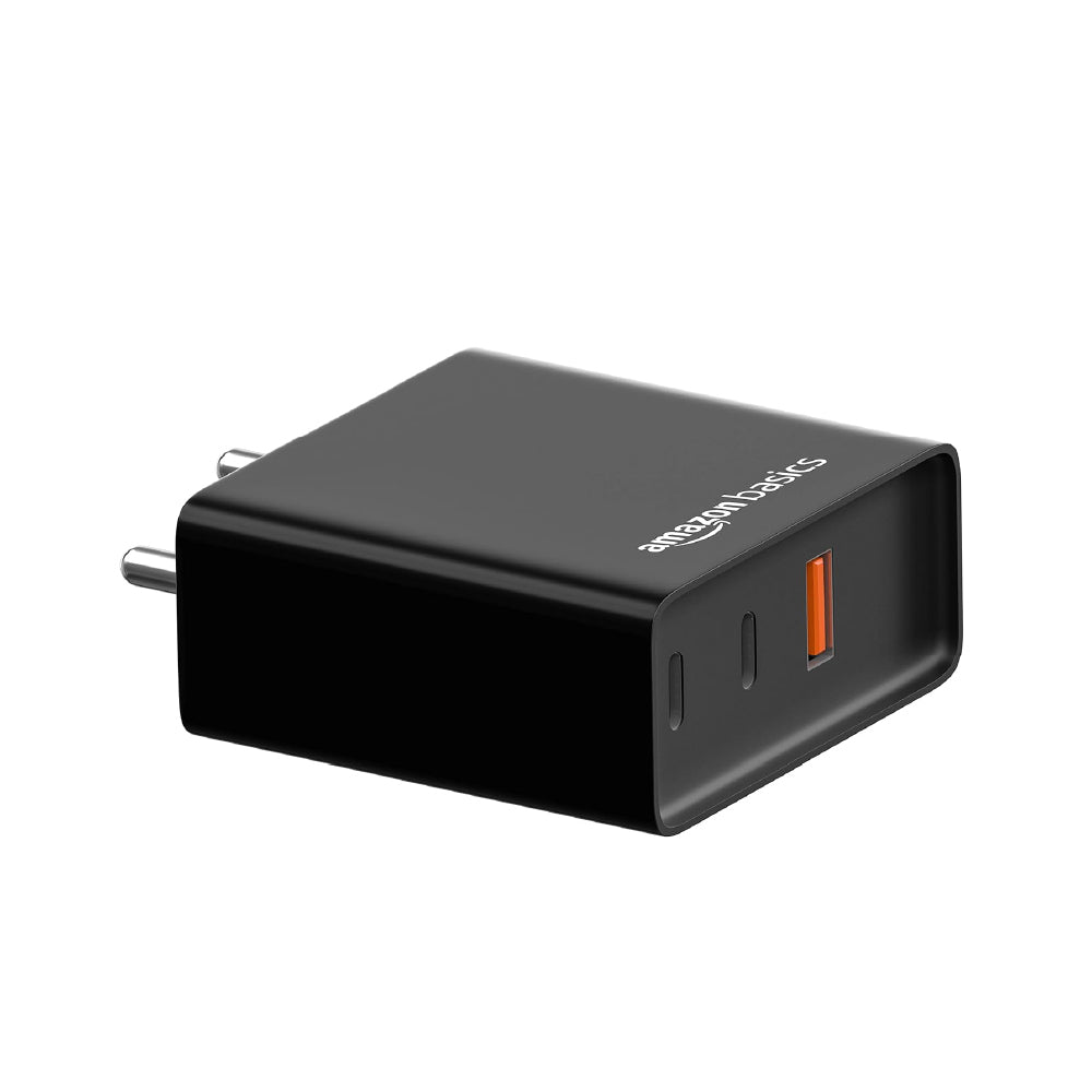 amazon basics High Power 65W Mobile/Laptop Charger Dual Port Output With Type-C Charging Cable (Black)