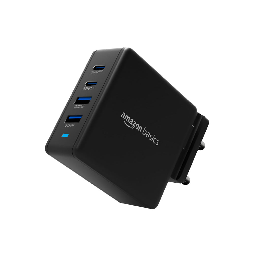 Amazon Basics 100W 4-Port GaN Charger | PD QC3.0 QC4.0 PPS Fast Charging Compact Adapter with Foldable Pins, for MacBook Pro Air 16'/14'/13', iPhone Series, Samsung S Series, iPad Pro/Air - Black