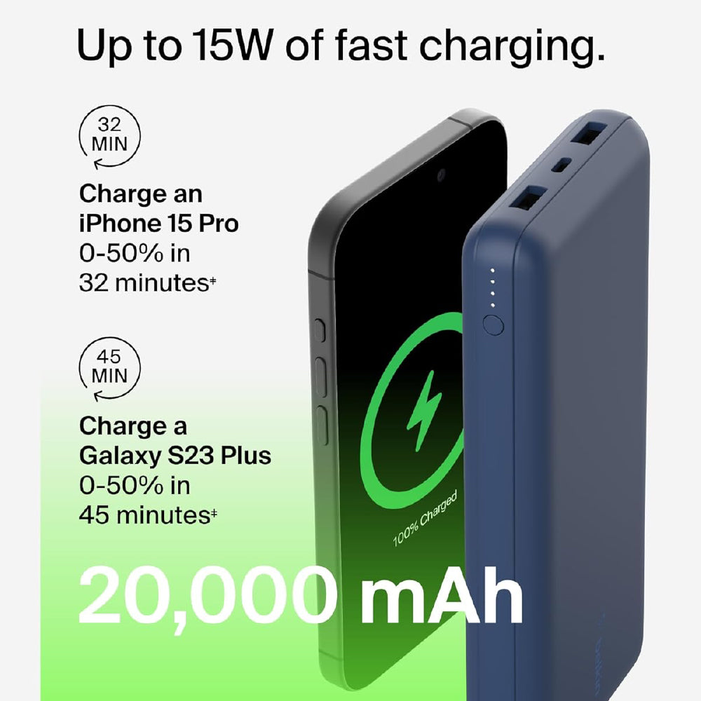 Belkin 20000 mAh Power Bank | Super Fast Charging | USB-C PD Port | 15W Charging for iPhone Series (16, 16 Pro Max), Samsung Galaxy, Google Pixel & More | 2 Years Warranty | Blue