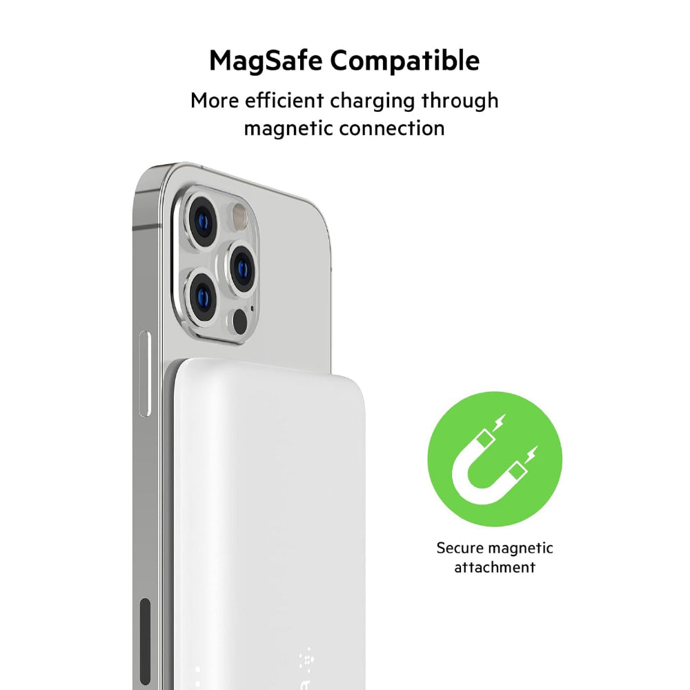 Belkin Quick Charge Magnetic Wireless Power Bank 2500mAh for iPhone 13/13 Pro/13 Pro Max/13 Mini/12/12 Pro/12 Pro Max/12 Mini Compatible for Magsafe Covers - (BPD002BTWH, White, Sleek Design)