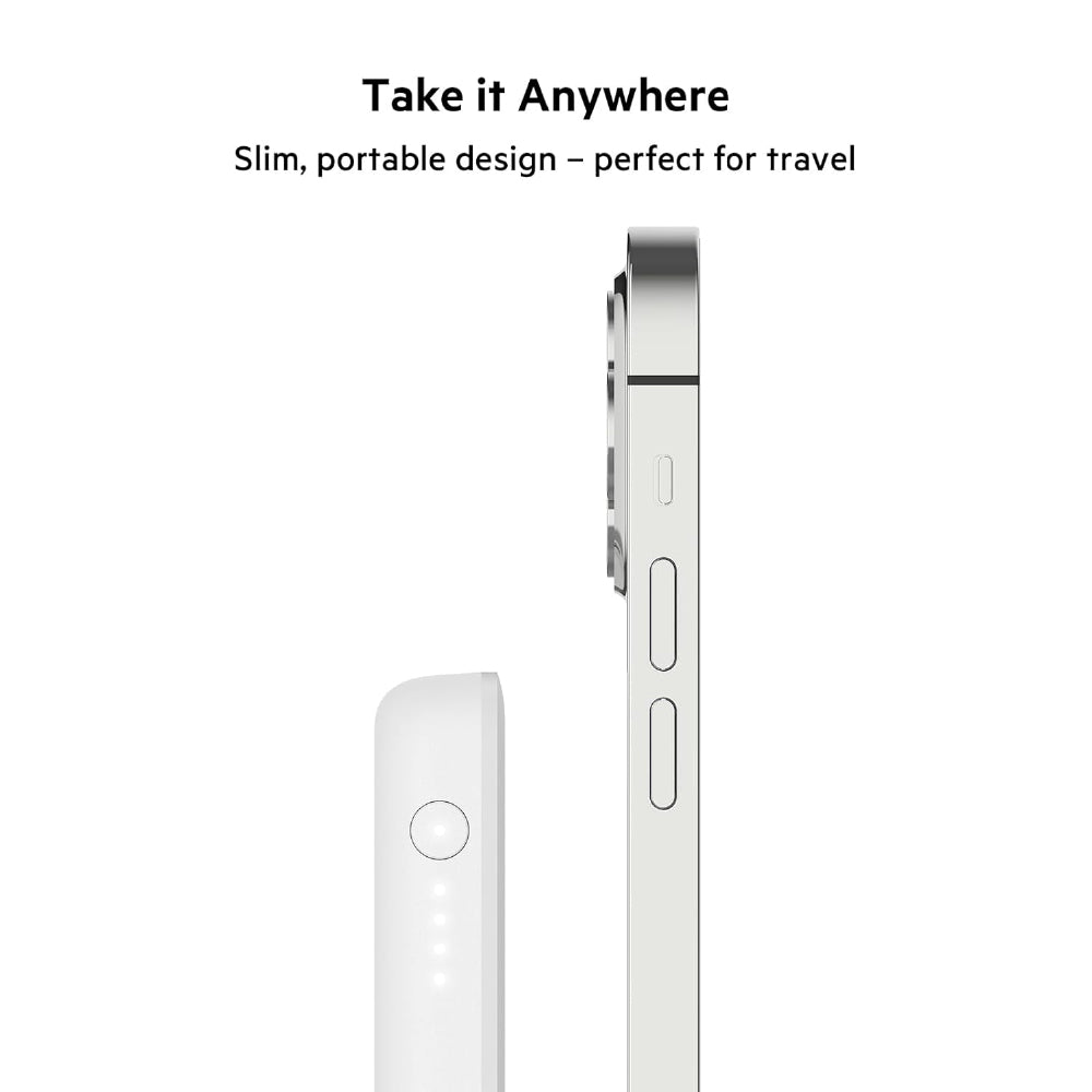 Belkin Quick Charge Magnetic Wireless Power Bank 2500mAh for iPhone 13/13 Pro/13 Pro Max/13 Mini/12/12 Pro/12 Pro Max/12 Mini Compatible for Magsafe Covers - (BPD002BTWH, White, Sleek Design)
