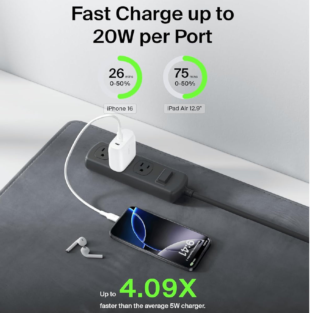Belkin 40W (20W + 20W) Two Ports USB -C PD Wall Charger | Fast Charging for iPhone 17, Air, Pro, Pro Max, Samsung Galaxy S25, Google Pixel 10, iPad, AirPods, & More | 2 Years Warranty, White