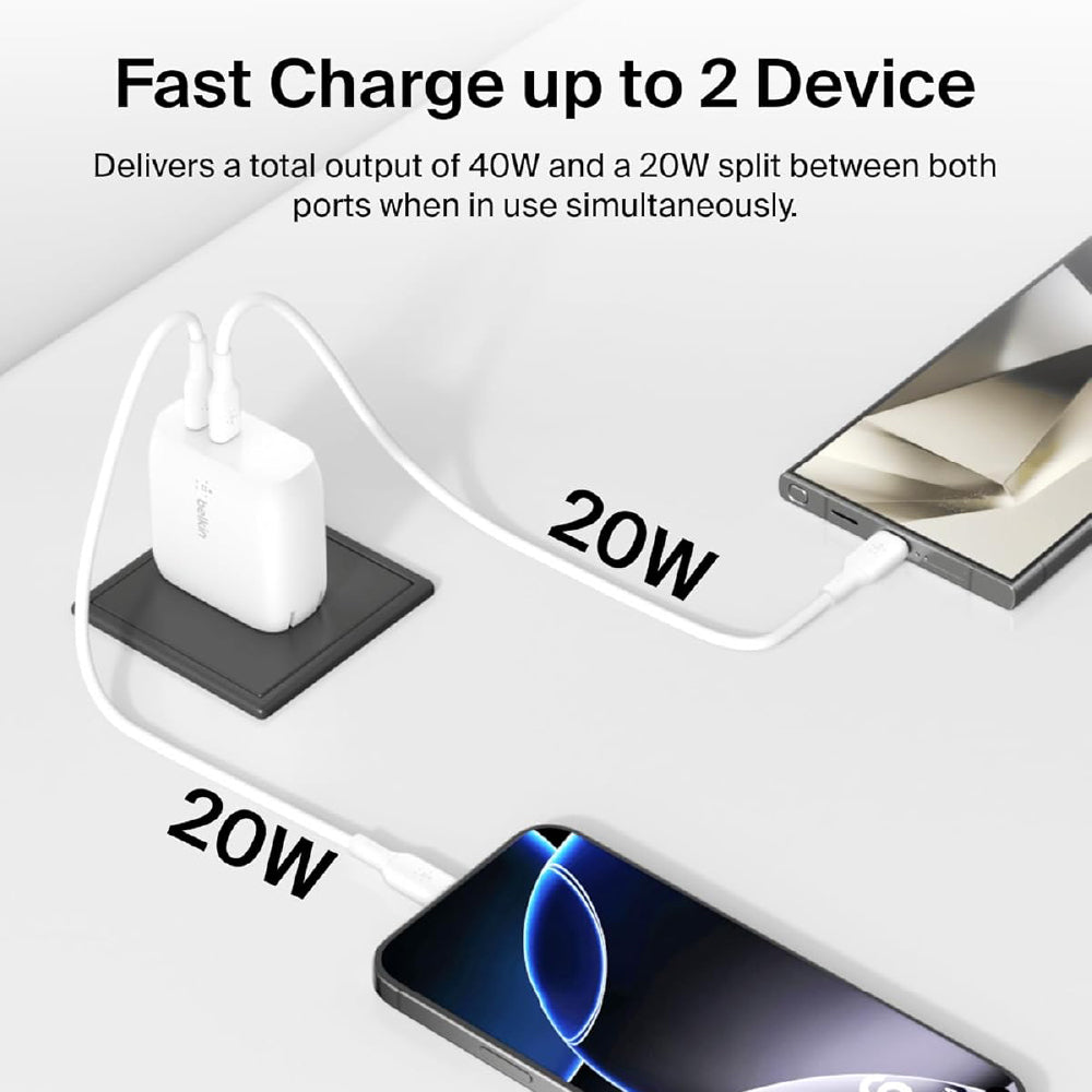 Belkin 40W (20W + 20W) Two Ports USB -C PD Wall Charger | Fast Charging for iPhone 17, Air, Pro, Pro Max, Samsung Galaxy S25, Google Pixel 10, iPad, AirPods, & More | 2 Years Warranty, White
