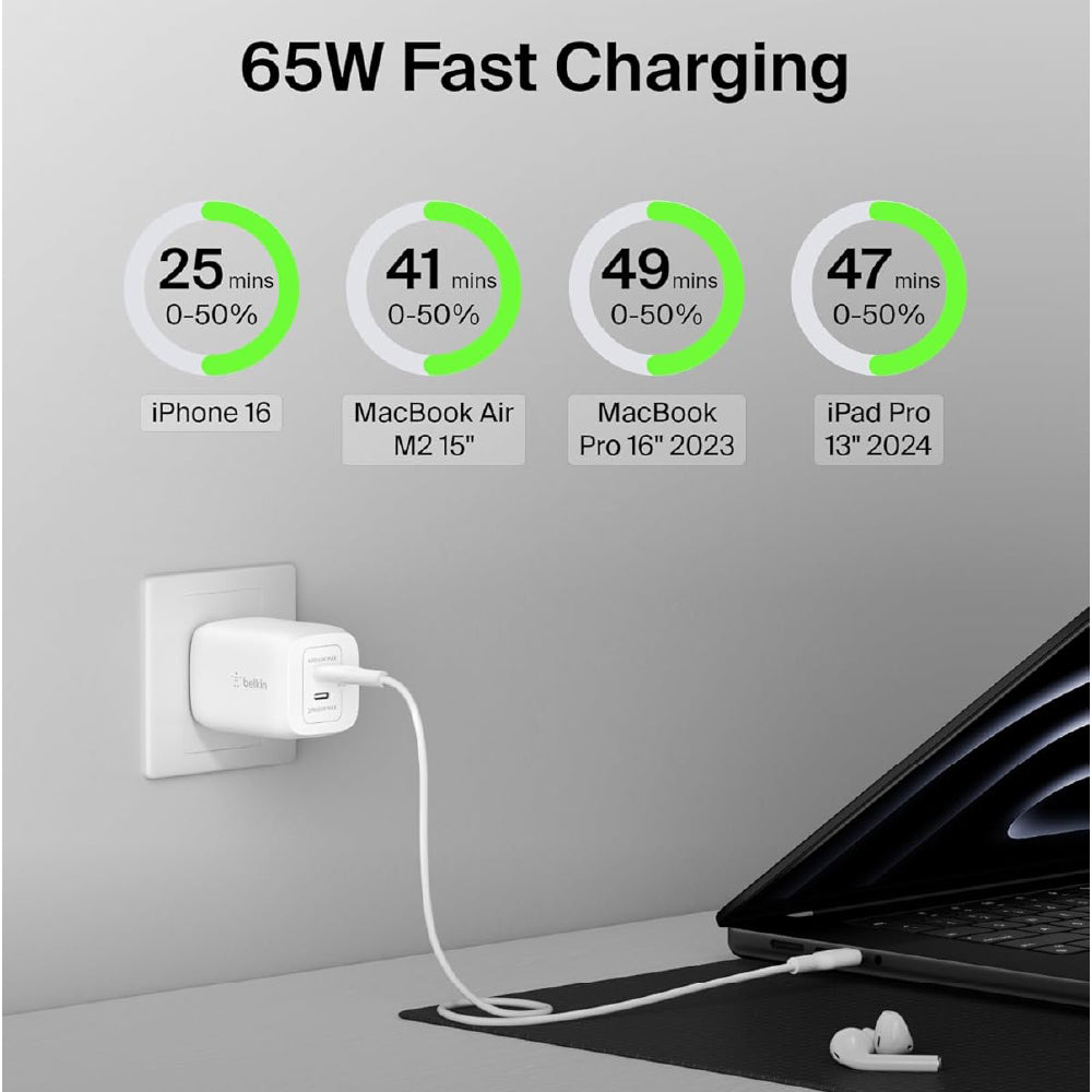 Belkin 65W (45W+20W) USB -C GaN Charger | Fast Charging PD | Gan Technology for Samsung Galaxy S25, Apple iPhone 17, Air, Pro, Pro Max, iPad, MacBook & More | 2 Years Warranty | White