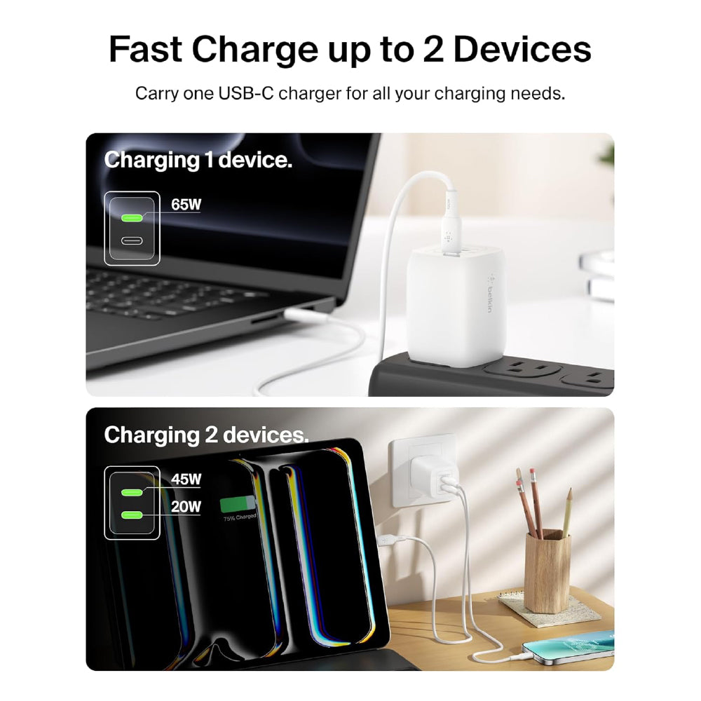 Belkin 65W (45W+20W) USB -C GaN Charger | Fast Charging PD | Gan Technology for Samsung Galaxy S25, Apple iPhone 17, Air, Pro, Pro Max, iPad, MacBook & More | 2 Years Warranty | White
