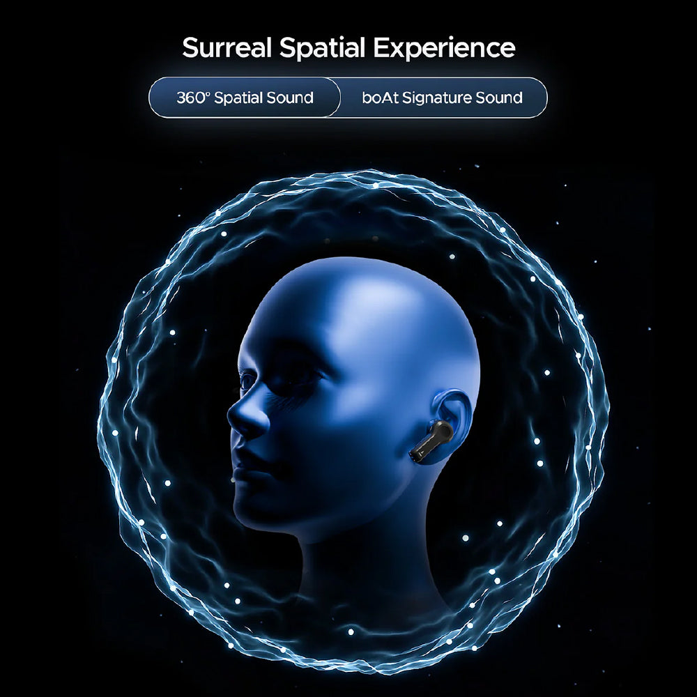 Boat Nirvana Space, 360º Spatial Audio, Active Noise Cancellation (~32dB), 100Hrs Battery,4Mics ENx, Fast Charge, v5.3 Bluetooth Earbuds, TWS Ear Buds Wireless Earphones with mic (Cosmic Black)