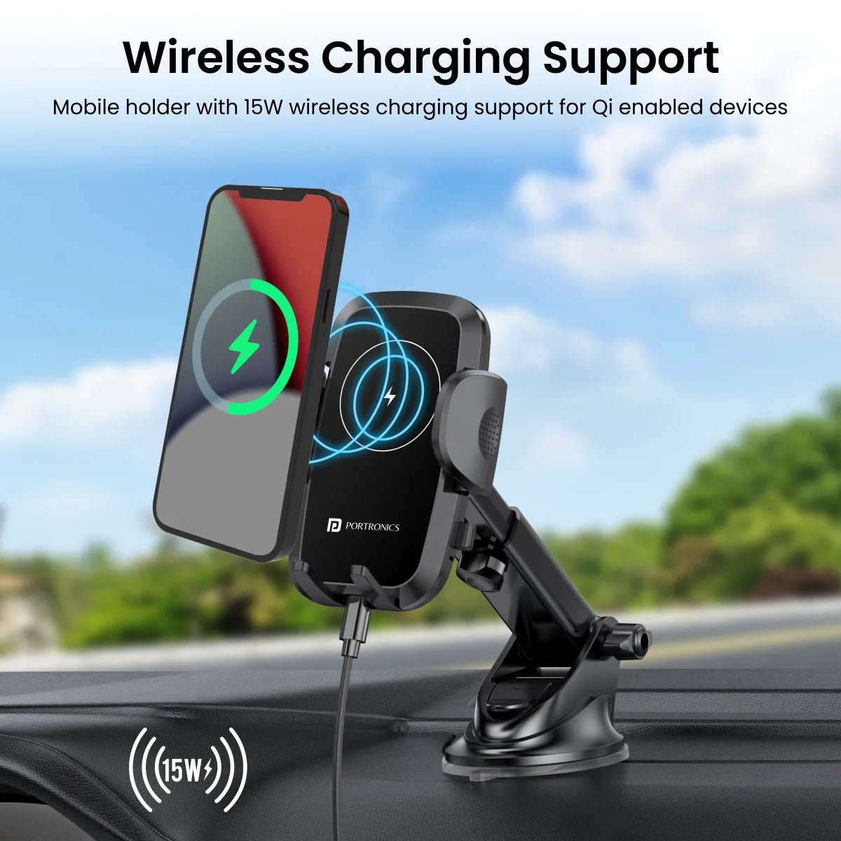 Portronics Charge Clamp 2 15W Wireless Charging Phone Holder
