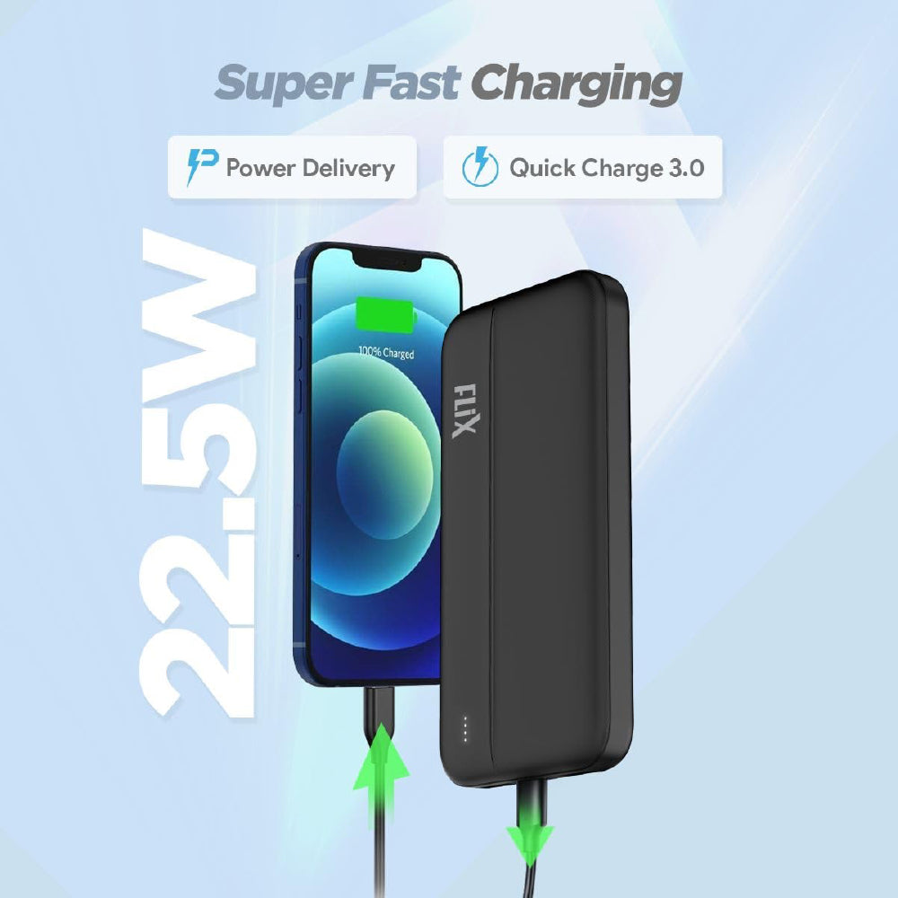 FLiX(Beetel) UltraCharge 10000mAh QCPD Power Bank,USB C/B Input,Tripple Output 22.5W High-Capacity Power Delivery,Compatible to iPhone 14 13 12 11 Samsung S22 23 21 GooglePixel7 Oneplus