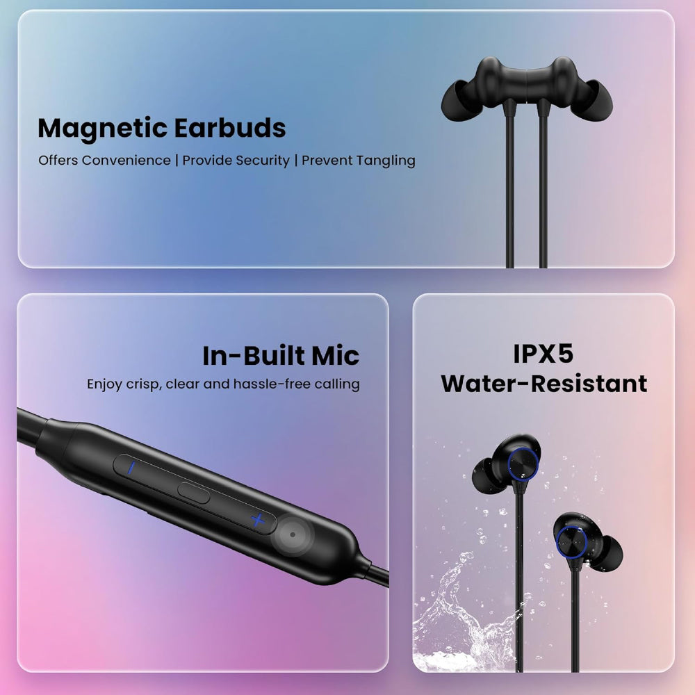 HAMMER Splendor in Ear Bluetooth Neckband with Magnetic Earbuds, Deep Bass, Built-in Mic, Upto 30 Hrs Playtime, BT 5.4, Type-C Charging Port (Black)
