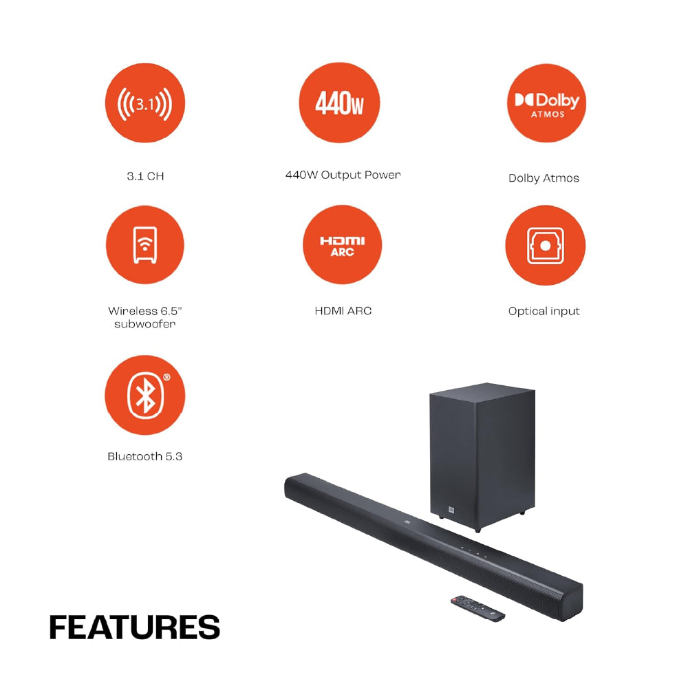 JBL Cinema SB590 Deep Bass, Dolby Atmos Soundbar with Wireless Subwoofer for Extra Deep Bass, 3.1 Channel, Center channel for superior voice clarity, HDMI eARC, Bluetooth & Optical Connectivity (440W)