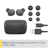 Jabra Elite 3 in Ear True Wireless Earbuds – Noise Isolating with 4 Built-in Microphones for Clear Calls, Rich Bass, Customizable Sound, Mono Mode - Dark Grey