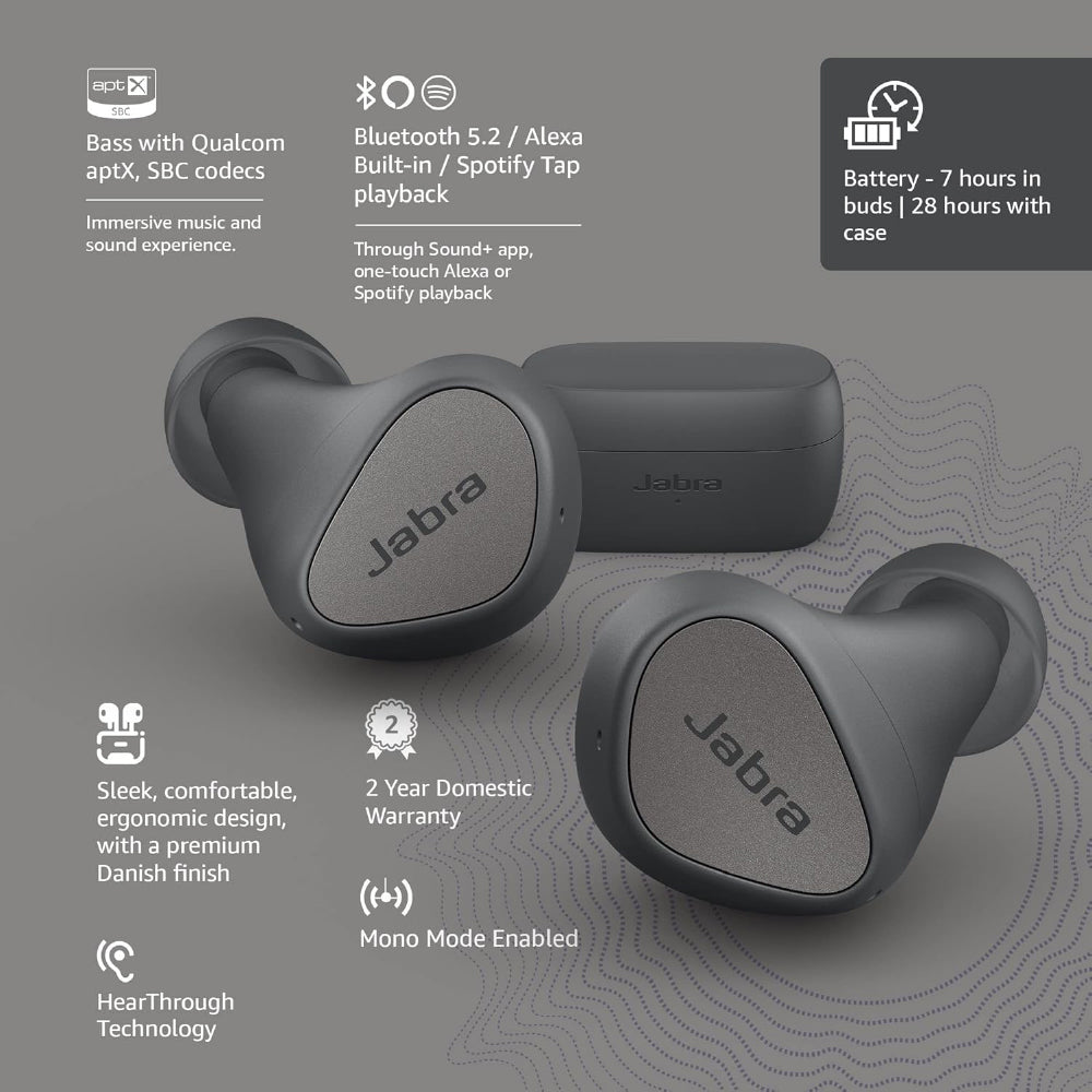 Jabra Elite 3 in Ear True Wireless Earbuds – Noise Isolating with 4 Built-in Microphones for Clear Calls, Rich Bass, Customizable Sound, Mono Mode - Dark Grey