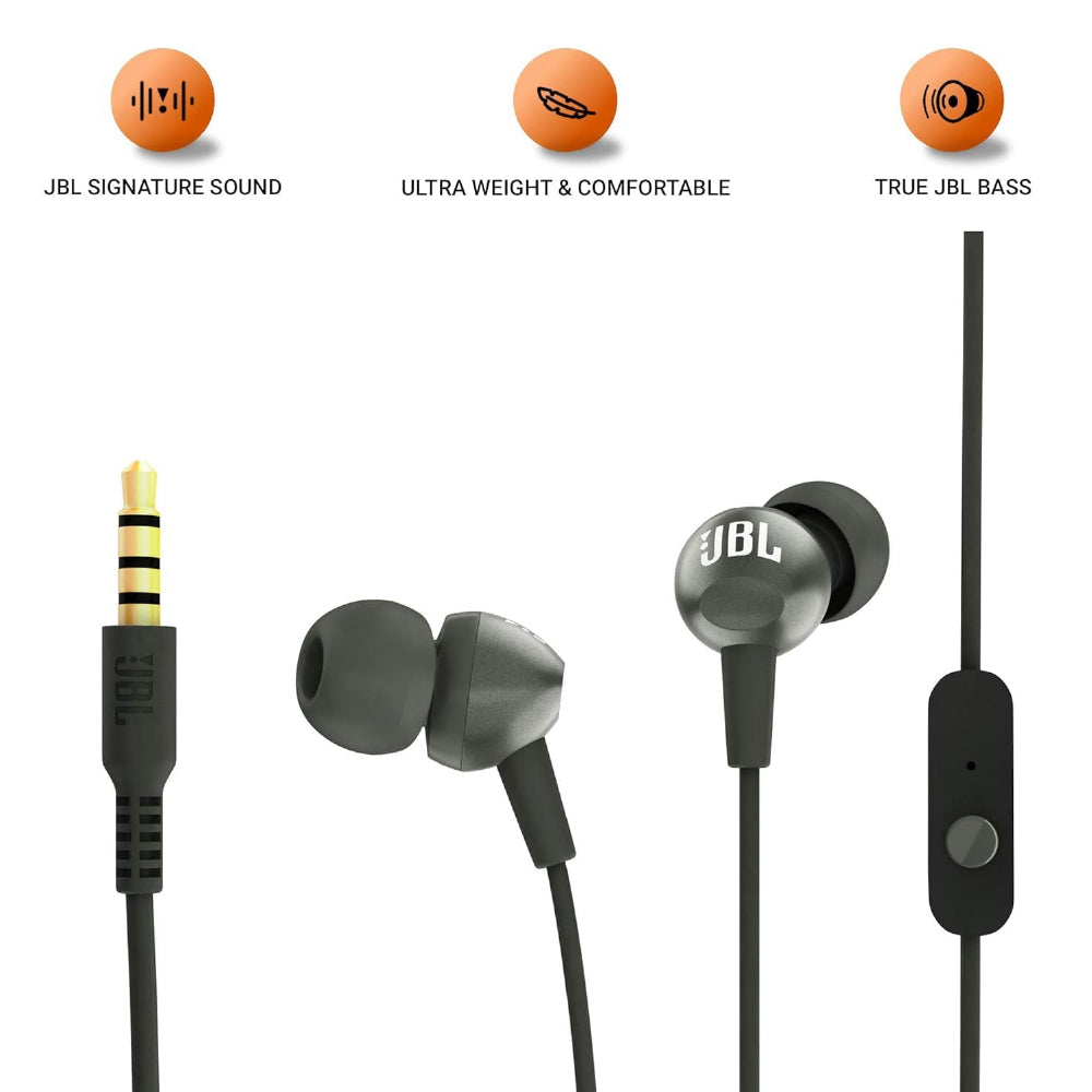 JBL C200SI, Premium in Ear Wired Earphones with Mic, Signature Sound, One Button Multi-Function Remote, Premium Metallic Finish, Angled Earbuds for Comfort fit (Gun Metal)