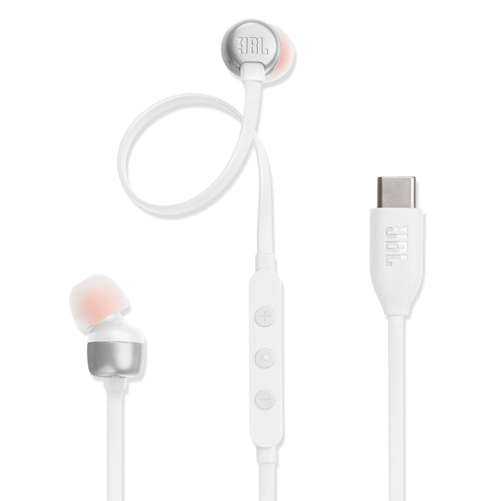 JBL Tune 310 Wired in Ear Type C Headphones, Hi-Res Audio with Digital-to-Analog Converter, 3-Button EQ Preset Remote with Microphone, Tangle-Free Flat Cable, Compatible with USB-C Devices (White)