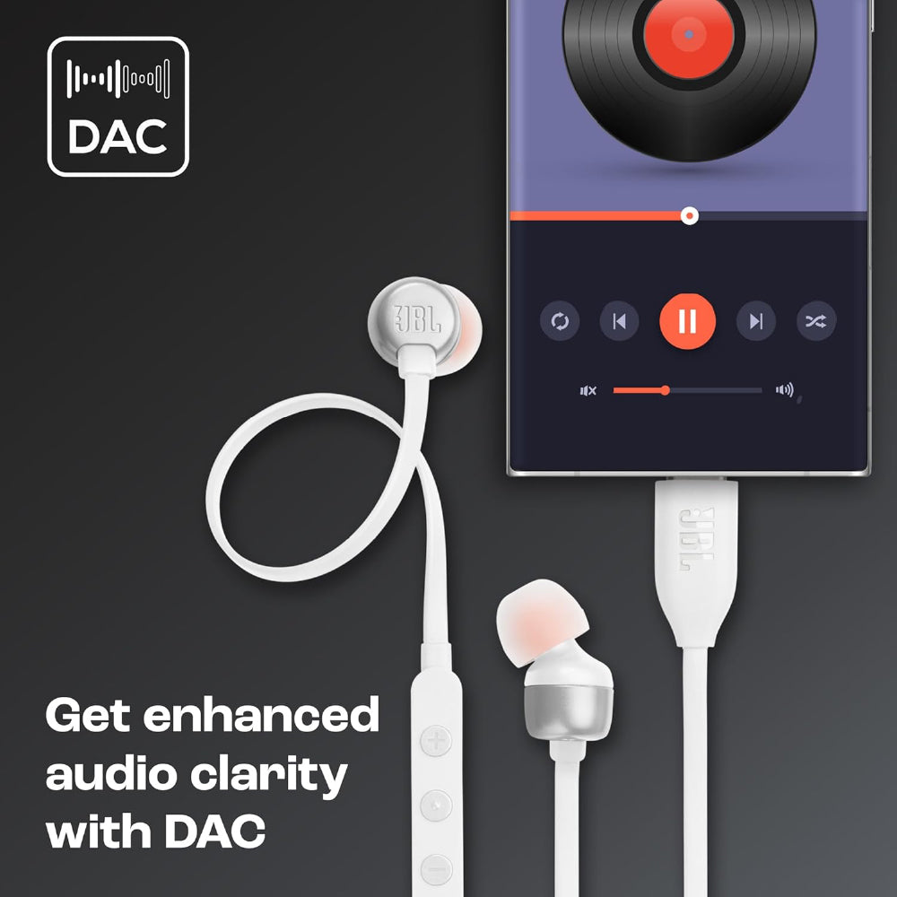 JBL Tune 310 Wired in Ear Type C Headphones, Hi-Res Audio with Digital-to-Analog Converter, 3-Button EQ Preset Remote with Microphone, Tangle-Free Flat Cable, Compatible with USB-C Devices (White)