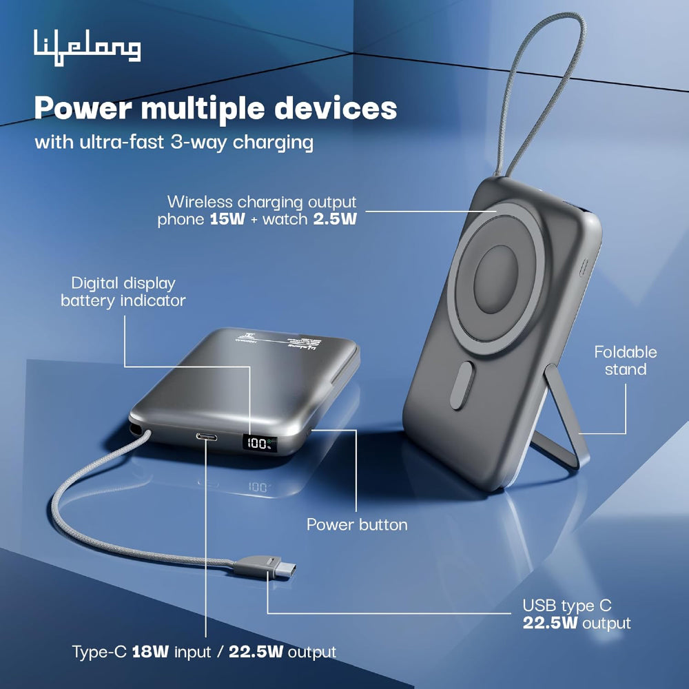 Lifelong Electronics 10000mAh MagSafe Wireless Fast Charging Power Bank for iPhone, Apple Watch, Airpods & All Qi Enabled Phones | QC 3.0 Powerbank (22.5W Output) | Cable & Stand + Extra Magnetic Ring