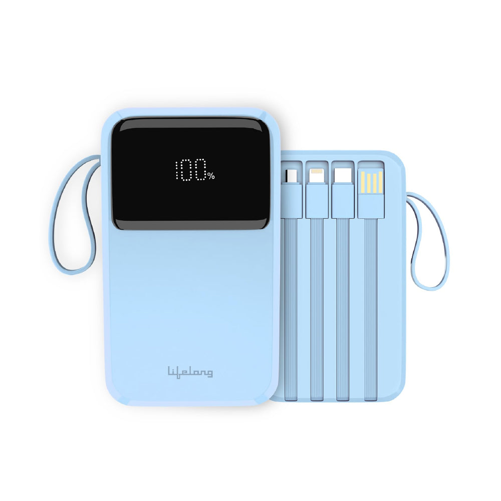 Lifelong Electronics 20000mAh 22.5W Fast Charging QC 3.0 Power Bank | 3 Inputs (in-Built Cable + Lightning + Type-C Port) | 6 Outputs (3 in-Built Cable + USB + Type-C Port) Blue