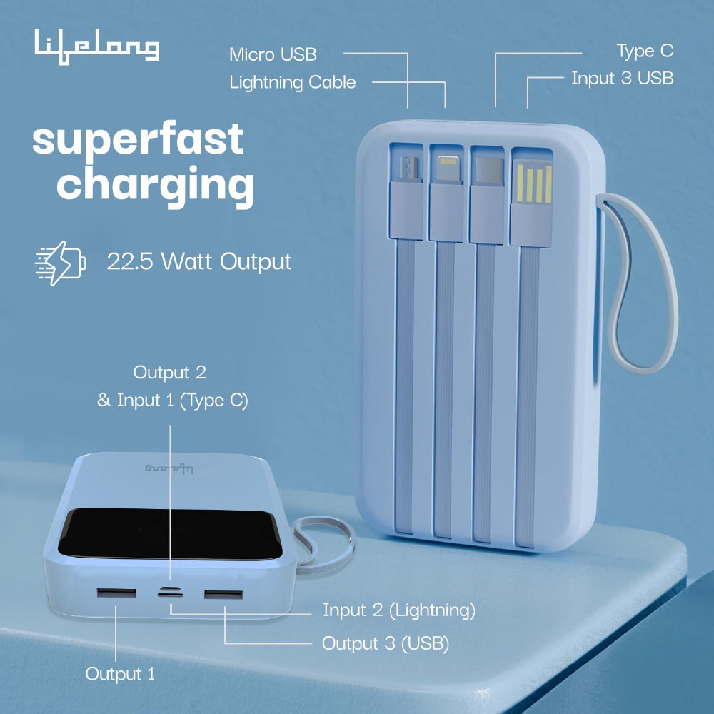 Lifelong Electronics 20000mAh 22.5W Fast Charging QC 3.0 Power Bank | 3 Inputs (in-Built Cable + Lightning + Type-C Port) | 6 Outputs (3 in-Built Cable + USB + Type-C Port) Blue
