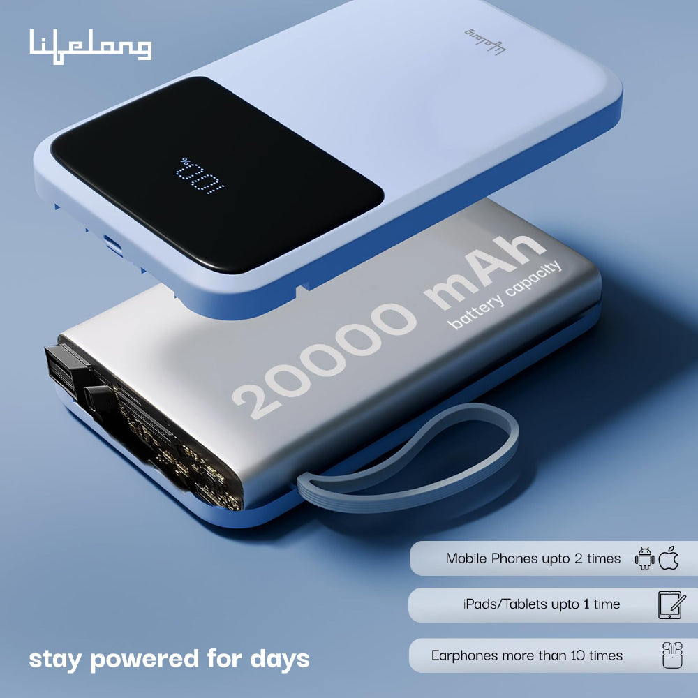 Lifelong Electronics 20000mAh 22.5W Fast Charging QC 3.0 Power Bank | 3 Inputs (in-Built Cable + Lightning + Type-C Port) | 6 Outputs (3 in-Built Cable + USB + Type-C Port) Blue