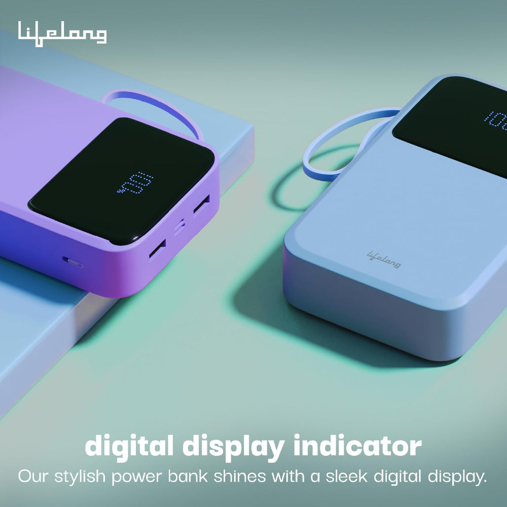 Lifelong Electronics 20000mAh 22.5W Fast Charging QC 3.0 Power Bank | 3 Inputs (in-Built Cable + Lightning + Type-C Port) | 6 Outputs (3 in-Built Cable + USB + Type-C Port) Blue