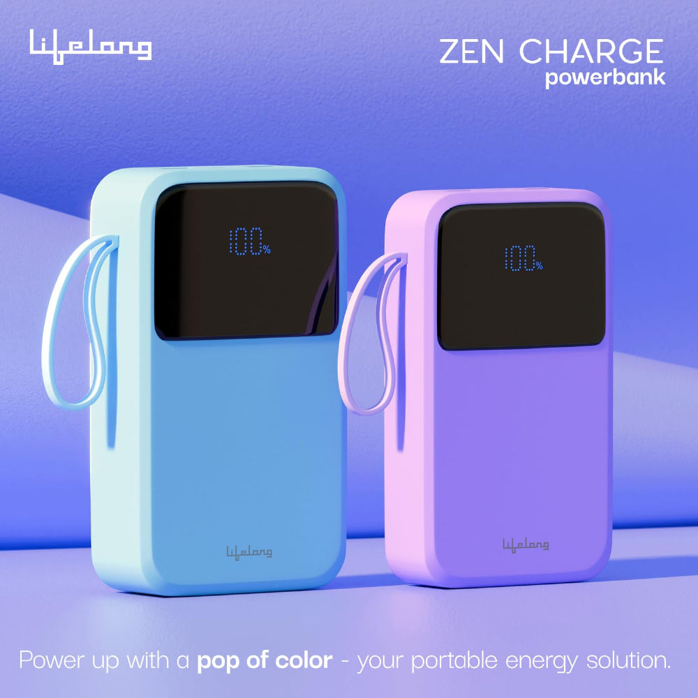 Lifelong Electronics 20000mAh 22.5W Fast Charging QC 3.0 Power Bank | 3 Inputs (in-Built Cable + Lightning + Type-C Port) | 6 Outputs (3 in-Built Cable + USB + Type-C Port) Blue