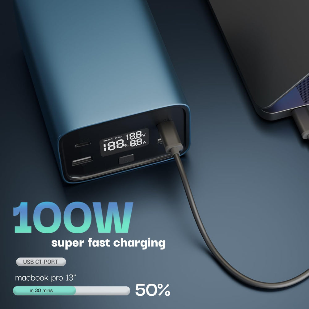 Lifelong 100W 27000 mAh 4-in-1 Fast Charging Laptop Power Bank with 2 Type C PD Output Ports & 2 USB Output Ports Compatible with Laptop, Android Smartphones, iPhones, iPad, Tablet (Metallic Blue)