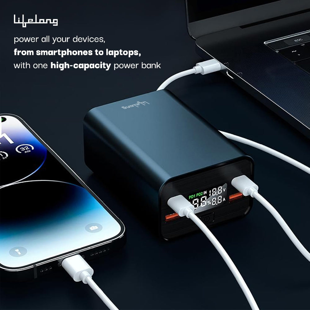 Lifelong 100W 27000 mAh 4-in-1 Fast Charging Laptop Power Bank with 2 Type C PD Output Ports & 2 USB Output Ports Compatible with Laptop, Android Smartphones, iPhones, iPad, Tablet (Metallic Blue)