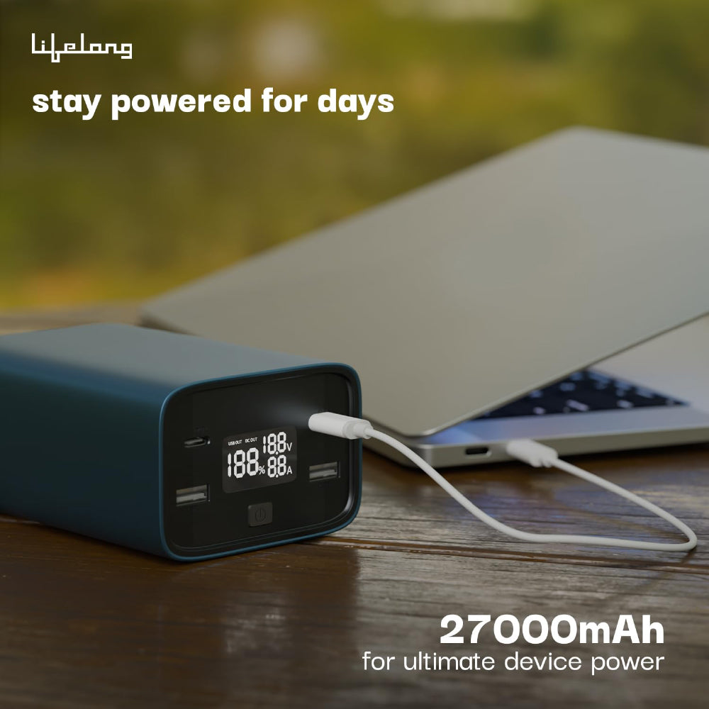 Lifelong 100W 27000 mAh 4-in-1 Fast Charging Laptop Power Bank with 2 Type C PD Output Ports & 2 USB Output Ports Compatible with Laptop, Android Smartphones, iPhones, iPad, Tablet (Metallic Blue)