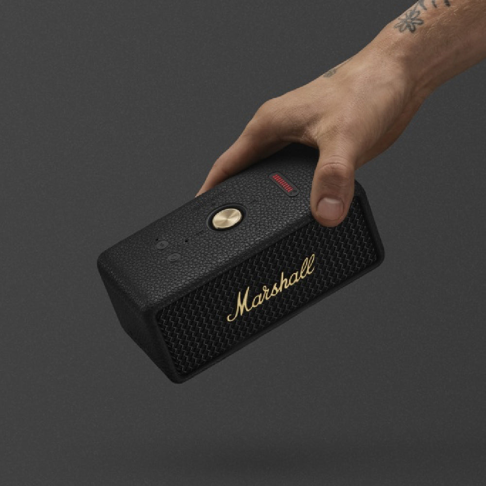 Marshall Emberton III Compact Portable Bluetooth Speaker with 32+ Hours of Playtime, (360° Sound), Dust & Waterproof (IP67) – Black & Brass.