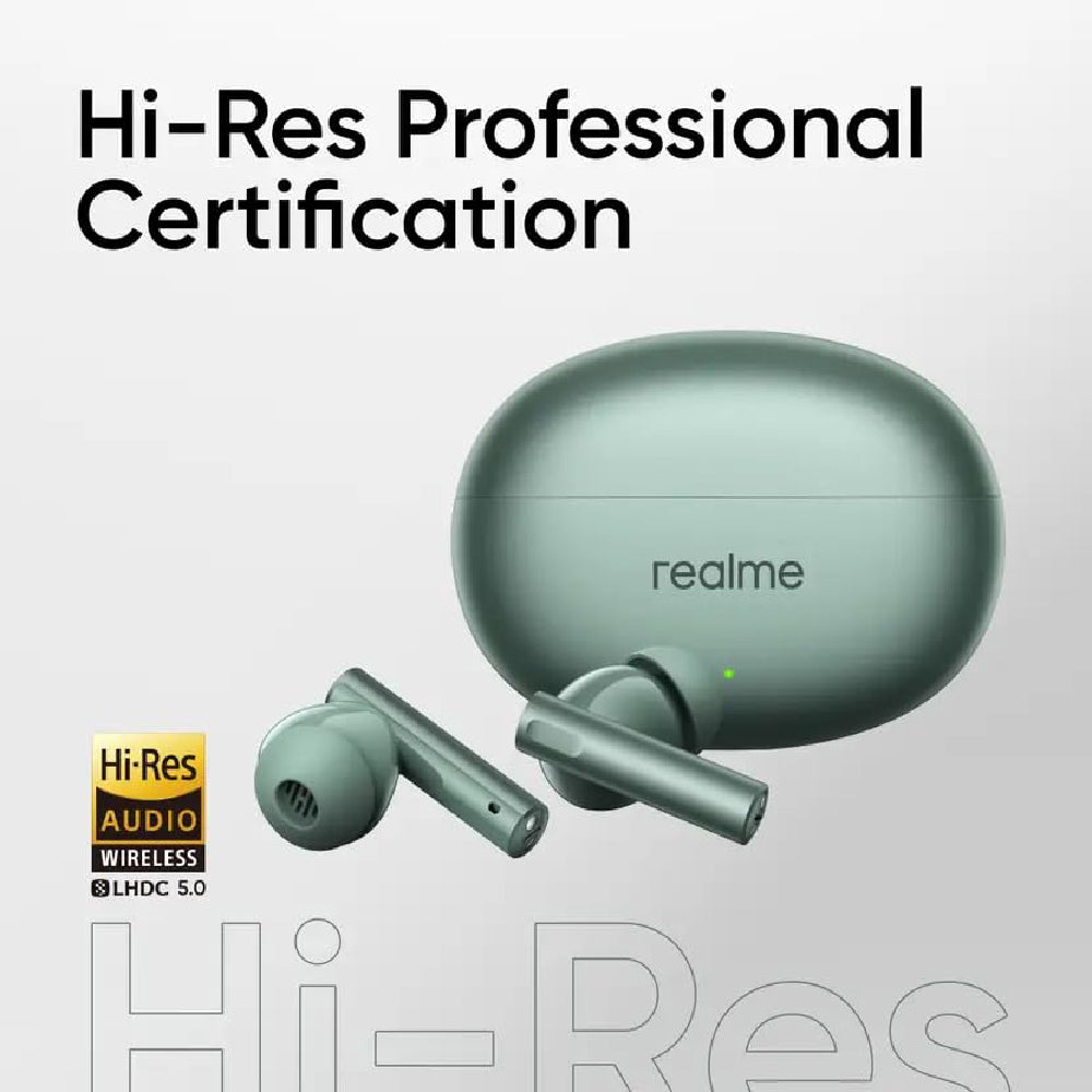 Real Me Air 6 Buds | 50dB Active Noise Cancellation, Hi-Res LHDC Audio, 12.4mm Dynamic Bass Driver, 6 Mic Clear Voice Calls, 51,IP55 Waterproof,TWS for Apple & Android (Air 6, Forest Green)