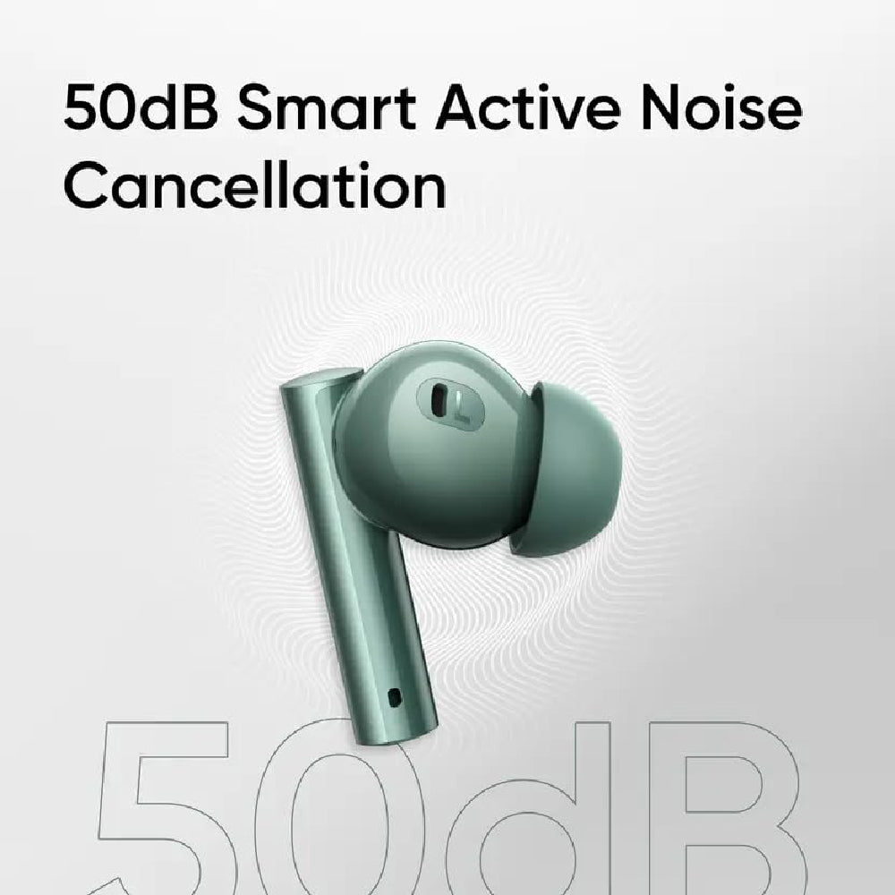 Real Me Air 6 Buds | 50dB Active Noise Cancellation, Hi-Res LHDC Audio, 12.4mm Dynamic Bass Driver, 6 Mic Clear Voice Calls, 51,IP55 Waterproof,TWS for Apple & Android (Air 6, Forest Green)