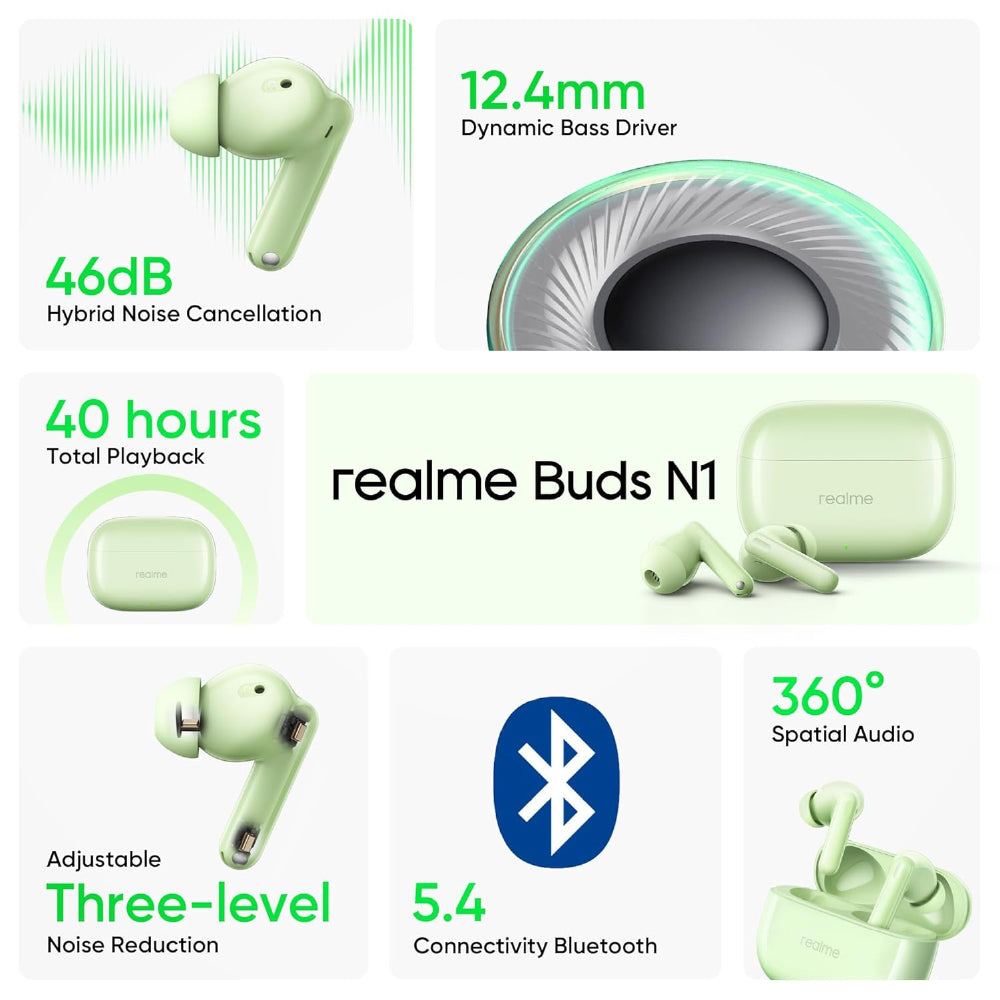 realme Buds N1 True Wireless in-Ear Earbuds with 46dB Hybrid ANC, 360° Spatial Audio, 12.4mm Dynamic Bass Driver, Upto 40Hrs Battery and Fast Charging (Energizing Green)