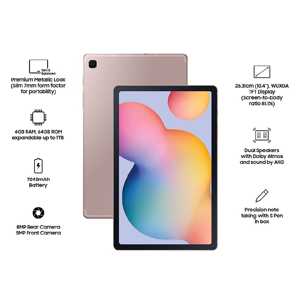 Samsung Galaxy Tab S6 Lite 26.31 cm (10.4 inch), S-Pen in Box, Slim and Light, Dolby Atmos Sound, 4 GB RAM, 64 GB ROM, Wi-Fi Tablet, Chiffon Pink