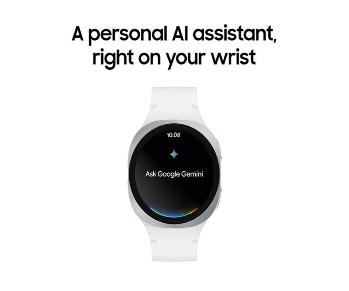 Smartwatch with a screen displaying 'Ask Google Gemini' on a white background